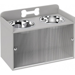 Αυξημένος σταθμός τροφής με 2 μπολ και ντουλάπι, MDF, Ανοξείδωτο ατσάλι, Σχέδιο με κόκαλα, Γκρι