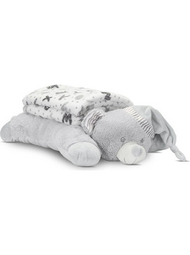 POFFY DUO WHITE BLANKET WITH GREY TEDDY BEAR PILL