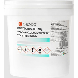 Chemco Acid Trichloroisocyanuric-TCCA Τriplet Τabs, Τριχλωροισοκυανουρικό Οξύ Πολυταμπλέτες (5x200gr) 1kg