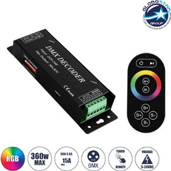 GLOBOSTAR(R) RGBCONTROLLER 73412 DC DMX Master Dimmer / Controller / Decoder Υψηλής Ταχύτητας με RF Ασύρματο Χειριστήριο με 3 x 5A 120W Κανάλια DC 5-24V 15A 360W Max IP20 - DMX512 & RF2.4Ghz - Μ17.5 x