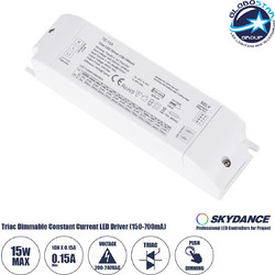 GLOBOSTAR(R) 73133 SKYDANCE TE-15A FLUX CC Τροφοδοτικό/Μετασχηματιστής SELV 1CH AC 200-240V σε DC 10-45V 150-700mA 15W Max IP20 - AC TRIAC & ELV Push Dimming + Leading/Trailing Edge - DIP Switch Curre