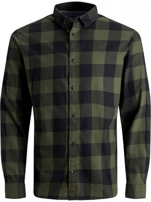 Jack & Jones Ανδρικό Πουκάμισο Βαμβακερό Καρό Μακρυμάνικο Slim Fit Χακί 12181602