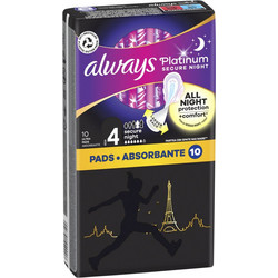 Always Platinum Secure Night Μέγεθος 4 Σερβιέτες με Φτερά για Αυξημένη Ροή 6 Σταγόνες 10τμχ