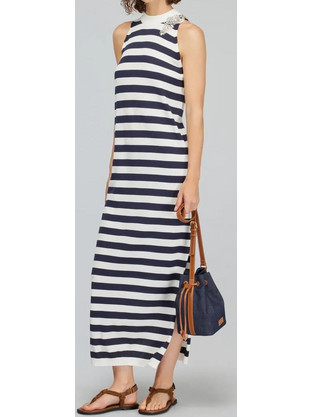 Semi Couture Midi Καλοκαιρινό Καθημερινό Φόρεμα Λευκό Navy Μπλε Y5SA09