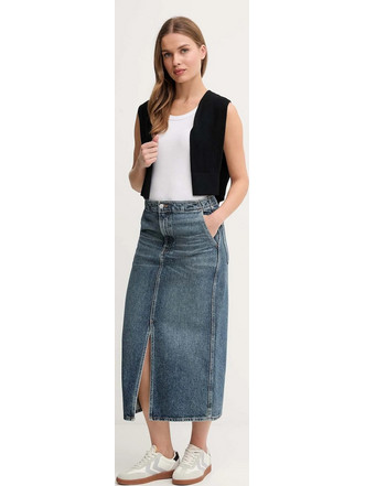 Calvin Klein Μίντι Φούστα Τζιν Ψηλόμεση Navy Μπλε LV047D724G-YYA
