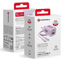 Forcell F-Energy Crystal Color VT-41 Φορτιστής με Καλώδιο USB-C με Θύρα USB-A & Θύρα USB-C 33W Quick Charge 4.0 & Power Delivery Purple