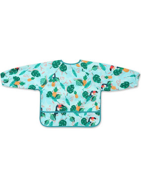 BabyOno Toucans Αδιάβροχη Σαλιάρα Ποδιά Πλαστική με Αυτοκόλλητο Τσέπη & Μανίκια 6m+ Τιρκουάζ