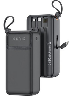XO PR280 Power Bank 30000mAh 10W με Ενσωματωμένα Καλώδια USB-C Lightning & micro USB Power Delivery Black