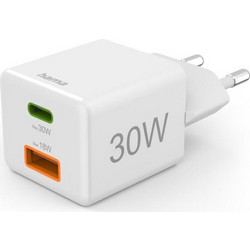 Hama Mini Φορτιστής χωρίς Καλώδιο με Θύρα USB-A & Θύρα USB-C 30W Quick Charge 3.0 & Power Delivery