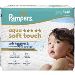 Pampers Aqua Soft Touch Μωρομάντηλα με Νερό Χωρίς Οινόπνευμα Άρωμα & Parabens 3x48τμχ