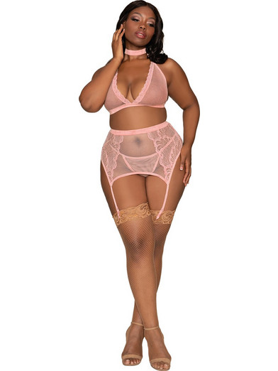 Dreamgirl Σετ Sexy Εσώρουχα See Through με Δαντέλα & Ζαρτιέρες Ροζ 11776
