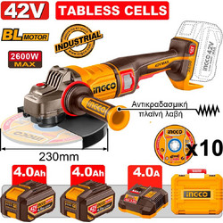Ingco CAGLI4260182 Γωνιακός Τροχός Μπαταρίας 42V 230mm 2x4Ah