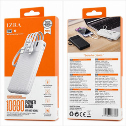 Ezra PH47-1 Power Bank 10000mAh 10W με Ενσωματωμένα Καλώδια USB-C Lightning & micro USB White