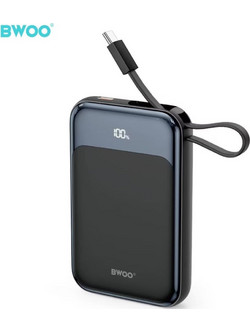 Bwoo P80 Power Bank 10000mAh 20W με Ενσωματωμένο Καλώδιο USB-C Black