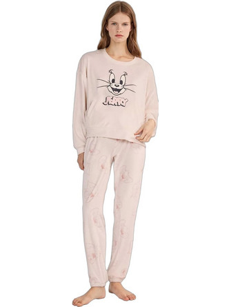 Gisela Tom And Jerry Looney Tunes Σετ Γυναικείες Πιτζάμες Χειμωνιάτικες Βελουτέ Ροζ 2/20481