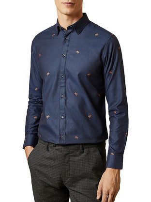 Ted Baker Ανδρικό Πουκάμισο Βαμβακερό Μακρυμάνικο Κανονική Γραμμή Navy Μπλε 158848