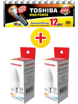 Λάμπα Toshiba LED C35 E14 5W - 2 τμχ + Αλκαλικές Μπαταρίες Toshiba High Power AAA 1.5V - 12 τμχ