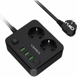 Πολύπριζο Venex (HB4U2E-C) - 2x Schuko, 4x USB - Με Διακόπτη ON/OFF - Μαυρο HB4U2E-C