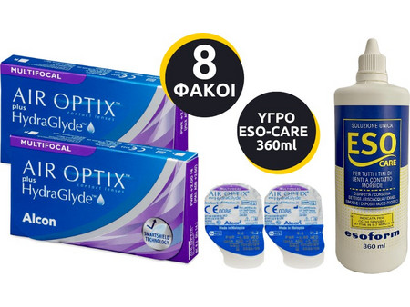 Alcon Air Optix Aqua Multifocal Φακοί Επαφής Πολυεστιακοί 8τμχ + 3 Υγρά ESO 3x360ml