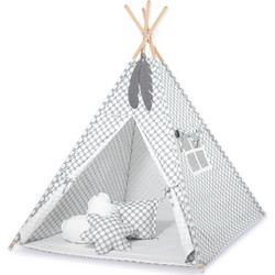 MINI Set: Teepees tent+play mat + decorative feathers -grey with white dots