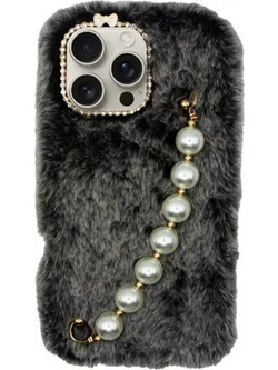 Vivid Fluffy Plush Case With Pearl Chain Apple Iphone 16 Pro Max Grey/Black - (CS-Fr HLD-6-2409003)