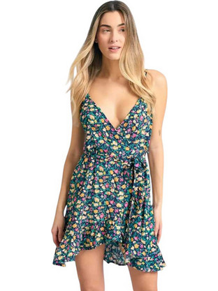 Funky Buddha Mini Καλοκαιρινό Καθημερινό Φόρεμα Floral Μεταξωτό Κυπαρισσί FBL011-117-13