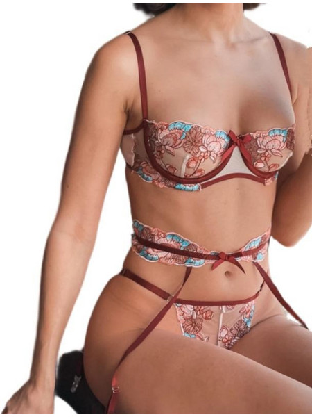 Γυναικείο Φλοράλ Σετ Εσωρούχων με string και ζαρτιέρα σε Μπορντό και Μπέζ αποχρώσεις Μπεζ