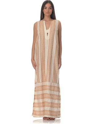 Φόρεμα Boho Maxi βαμβακερό - μπεζ