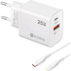 Φορτιστής Πρίζας Quick Power Charger USB Type C & Cable Type C To Lightning 5V-12V 3A 25W White BUDI 036