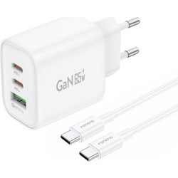 Foneng GaN10-EU Φορτιστής με Καλώδιο USB-C με Θύρα USB-A & 2 Θύρες USB-C 65W Power Delivery White