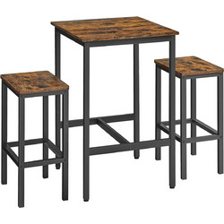 VASAGLE LBT017B01 Σετ Μεταλλικό Τετράγωνο Τραπέζι - Bar 60 x 60 x 90 cm με 2 Σκαμπό - Καφέ με μαύρο