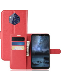 Θήκη Nokia 9 PureView OEM Litchi Texture Leather με βάση στήριξης, υποδοχές καρτών και μαγνητικό κούμπωμα Flip Wallet δερματίνη κόκκινο