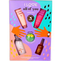 I Love All Of You Cosy Nights In Gel 250ml + Sweet Treats Bath Gel 75ml + Golden Sands Body Mist 100ml + Pina Colada Bath Fizzer 120gr + Coconut Kisses Body Soufle 75ml