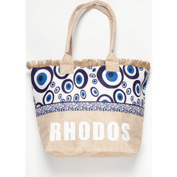 Silk Fashion Rhodes Ψάθινη Τσάντα Θαλάσσης Ώμου Μπεζ Μπλε 49x34cm 5206978169557