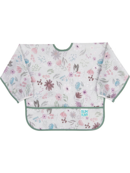 Bumkins SuperBib Floral Αδιάβροχη Σαλιάρα Ποδιά Πλαστική με Κορδόνι Τσέπη & Μανίκια 6m+ Λευκή Πράσινο Mint