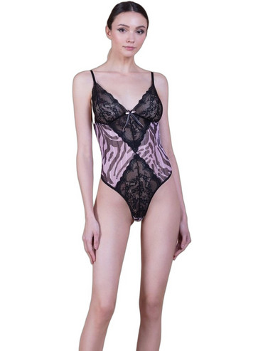 Milena By Paris Sexy Κορμάκι String See Through με Δαντέλα Μαύρο Ροζ 2383