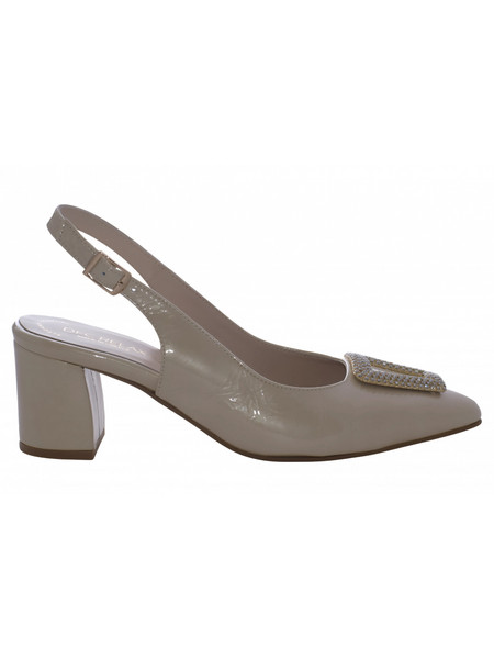 Relax Anatomic Ανατομικές Γόβες Slingback Λουστρίνι με Χοντρό Χαμηλό Τακούνι & Στρας Μπεζ H-55038