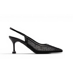 Seven Γόβες Slingback Δερμάτινες με Λεπτό Ψηλό Τακούνι & Στρας Μαύρες W47005524-9E0