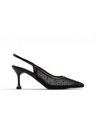 Seven Γόβες Slingback Δερμάτινες με Λεπτό Ψηλό Τακούνι & Στρας Μαύρες W47005524-9E0