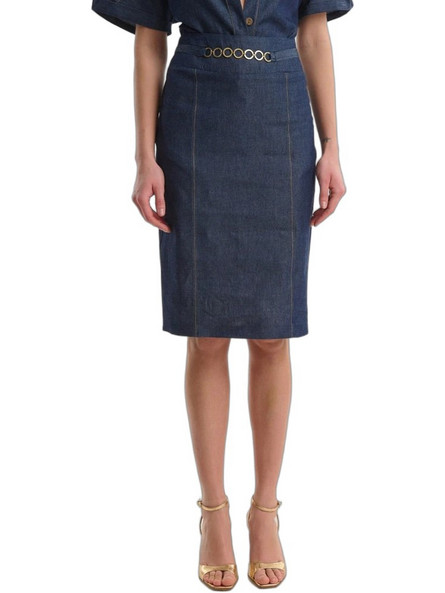 Fibes Fashion Μίντι Φούστα Τζιν Ψηλόμεση Pencil Navy Μπλε 04-8130