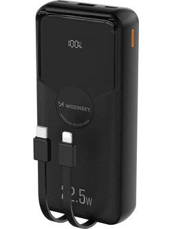 Wozinsky WFC-15B Power Bank 20000mAh 22.5W με Ενσωματωμένα Καλώδια USB-C & Lightning Quick Charge 3.0 & Power Delivery Black