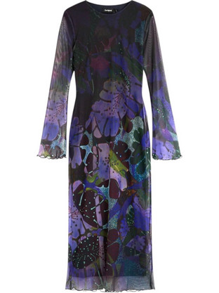 Desigual Leafs Midi Βραδινό Φόρεμα Μεταξωτό Navy Μπλε 26WWVW24-4092