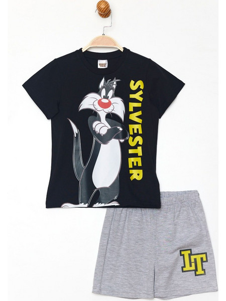 Looney Tunes Sylvester Παιδική Πιτζάμα Βαμβακερή Καλοκαιρινή Μαύρη Γκρι LT19661