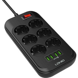 Ldnio 6 Position Safety Power Strip with Switch, 4 USB and 2m Cable Black SE6403
