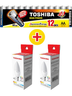 Λάμπα Toshiba LED C35 E14 5W - 2 τμχ + Αλκαλικές Μπαταρίες Toshiba High Power AA 1.5V - 12 τμχ