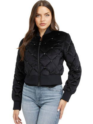 Guess Eva Γυναικείο Μπουφάν Χειμωνιάτικο Bomber Κοντό Μαύρο W3YL08WFIS0-JBLK