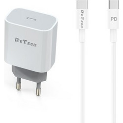 Detech Φορτιστής με Καλώδιο USB-C με Θύρα USB-C Power Delivery White DE-30PD