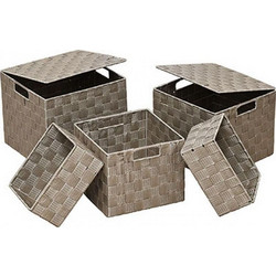 Κουτί αποθήκευσης Polyester μπεζ με καπάκι 24X24X20cm