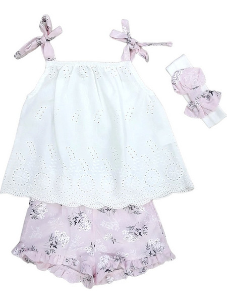 Μπλουζάκι Αμάνικο με Σορτσάκι και Κορδέλα White Pink Bοho 8010049