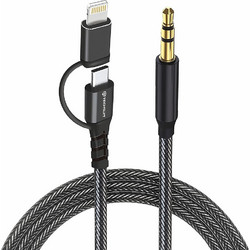 Techsuit - Premium Cable Adapter 3in1 Echosnap (AC15) - Lightning/Type-C To 3.5mm Jack, Hi-Fi Quality, 1m - Black